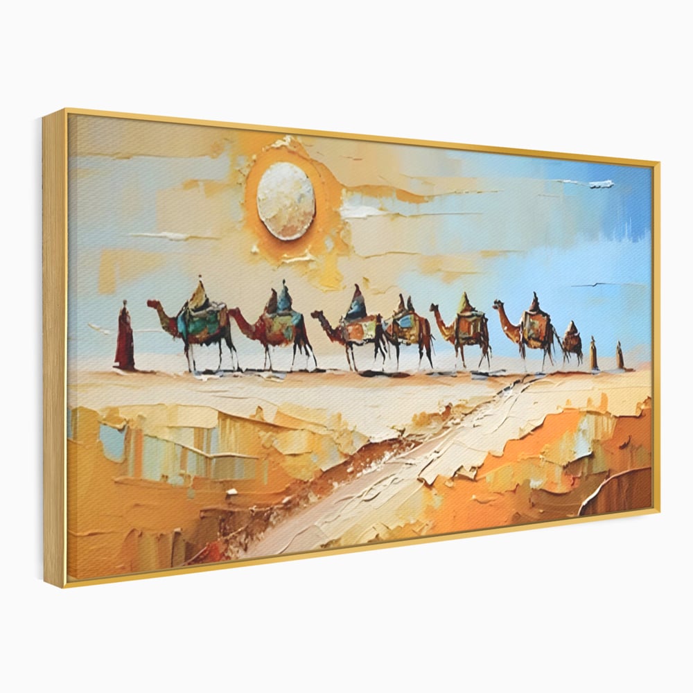Tablou canvas cu pictura cu caravana de camile in desert, in rama de aluminiu auriu